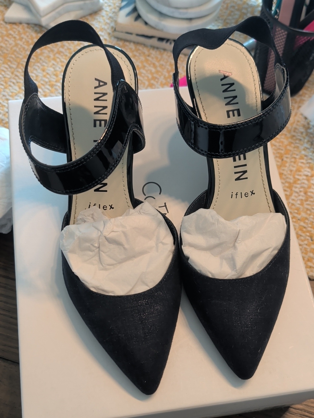 Anne Klein Navy Blue 💙 Pointed-Toe Slingback Heels with Patent Strap